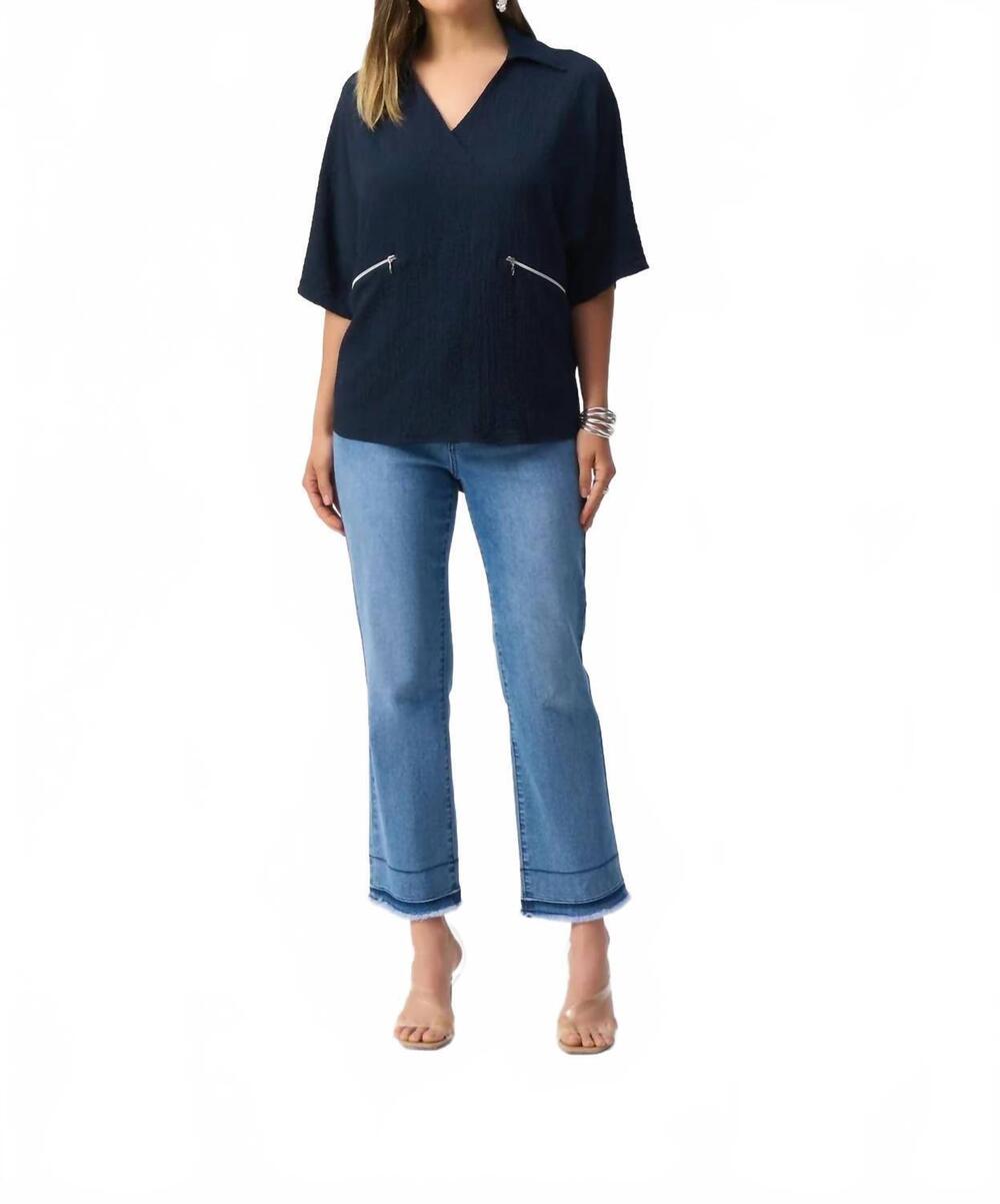 NEW JOSEPH RIBKOFF v-neck collared three quarter sleeves hi-low top in midnight